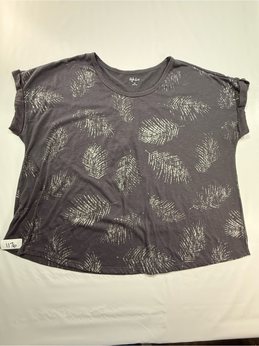 Style & Co. Charcoal Short-Sleeve Tee with Metallic Feather Motif